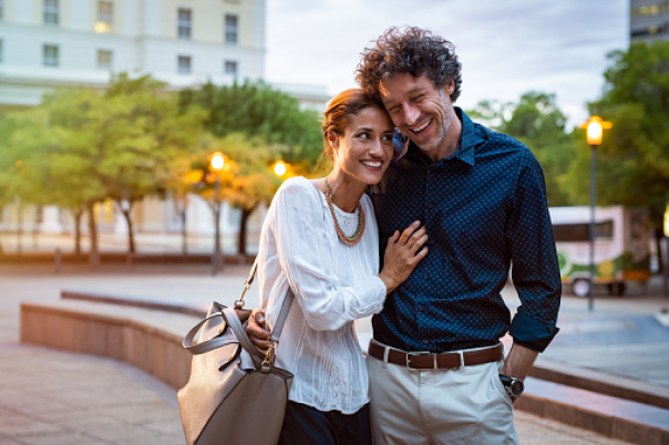 A couple on a casual evening walk.